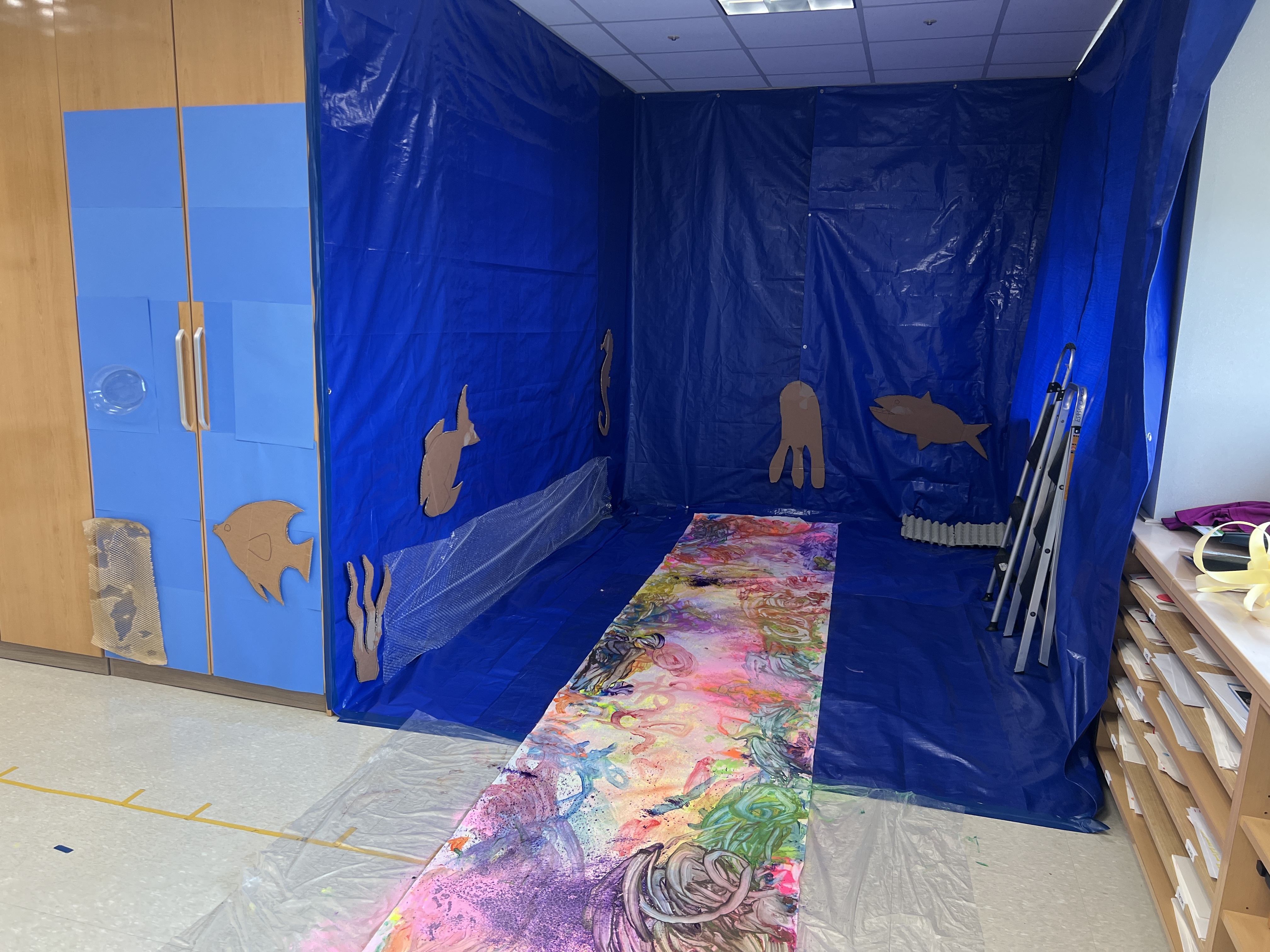 I am looking for ideas on how to easily use a dual space for easy cleaning and set up. I have started to make part of my room an ocean space. But wondering suggestions on more materials or what to do different for my 2 year olds versus my 5-6 year olds. I have also have trouble h