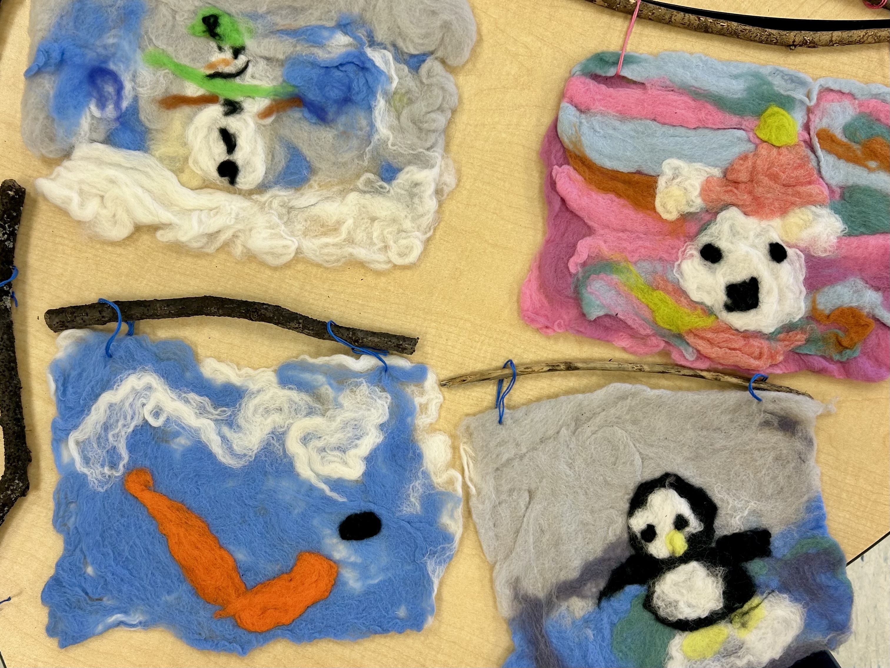 Hi Emma, I wanted to share the wet felting work my 6 and 7 year olds created.  My students are in Grade 1 at a K-12 school in Toronto.  Our annual Art Show is happening this week and the theme is Four Seasons.  Thanks for the tips — I think they turned out well, and the kids are 