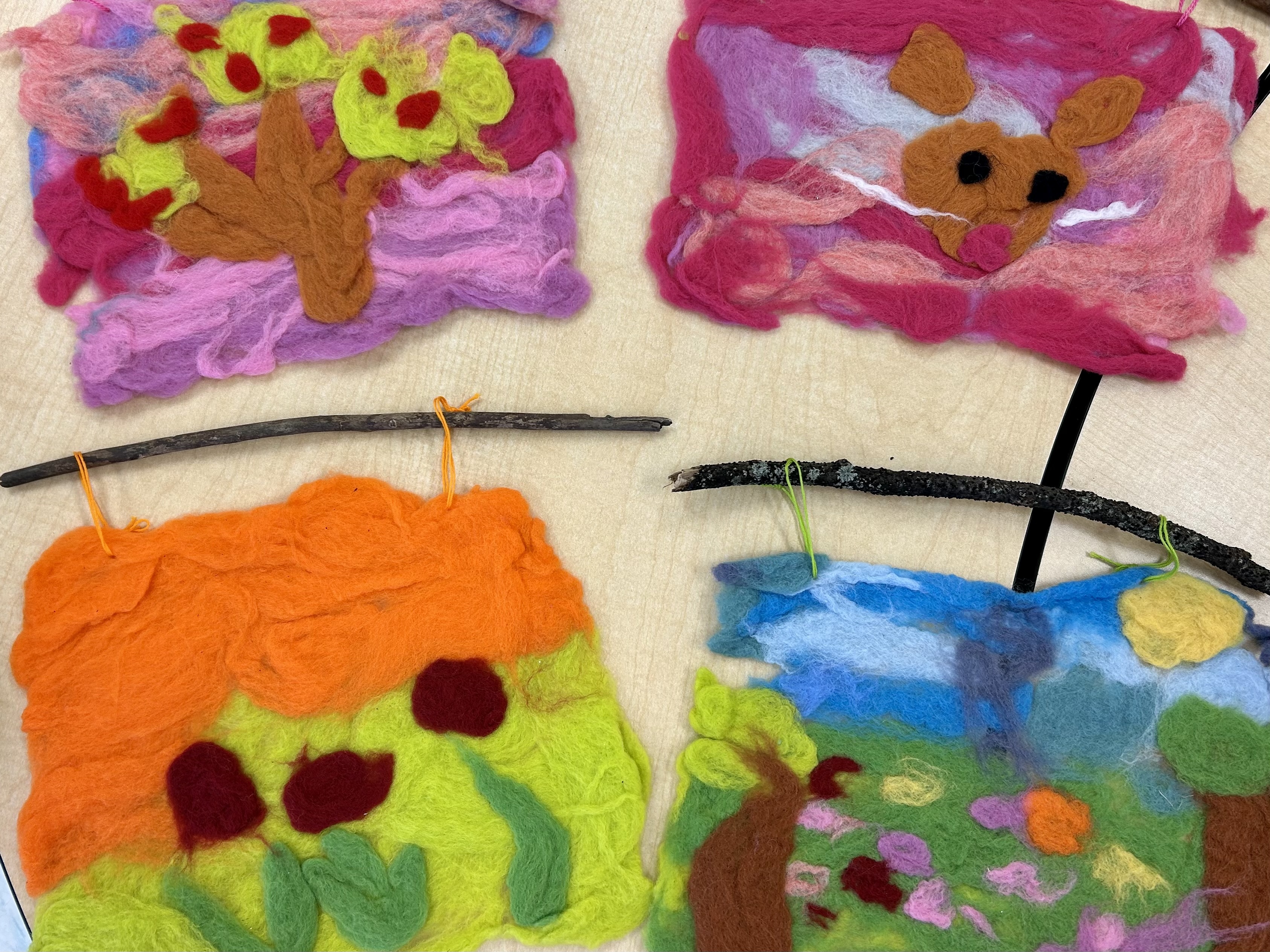 Hi Emma, I wanted to share the wet felting work my 6 and 7 year olds created.  My students are in Grade 1 at a K-12 school in Toronto.  Our annual Art Show is happening this week and the theme is Four Seasons.  Thanks for the tips — I think they turned out well, and the kids are 