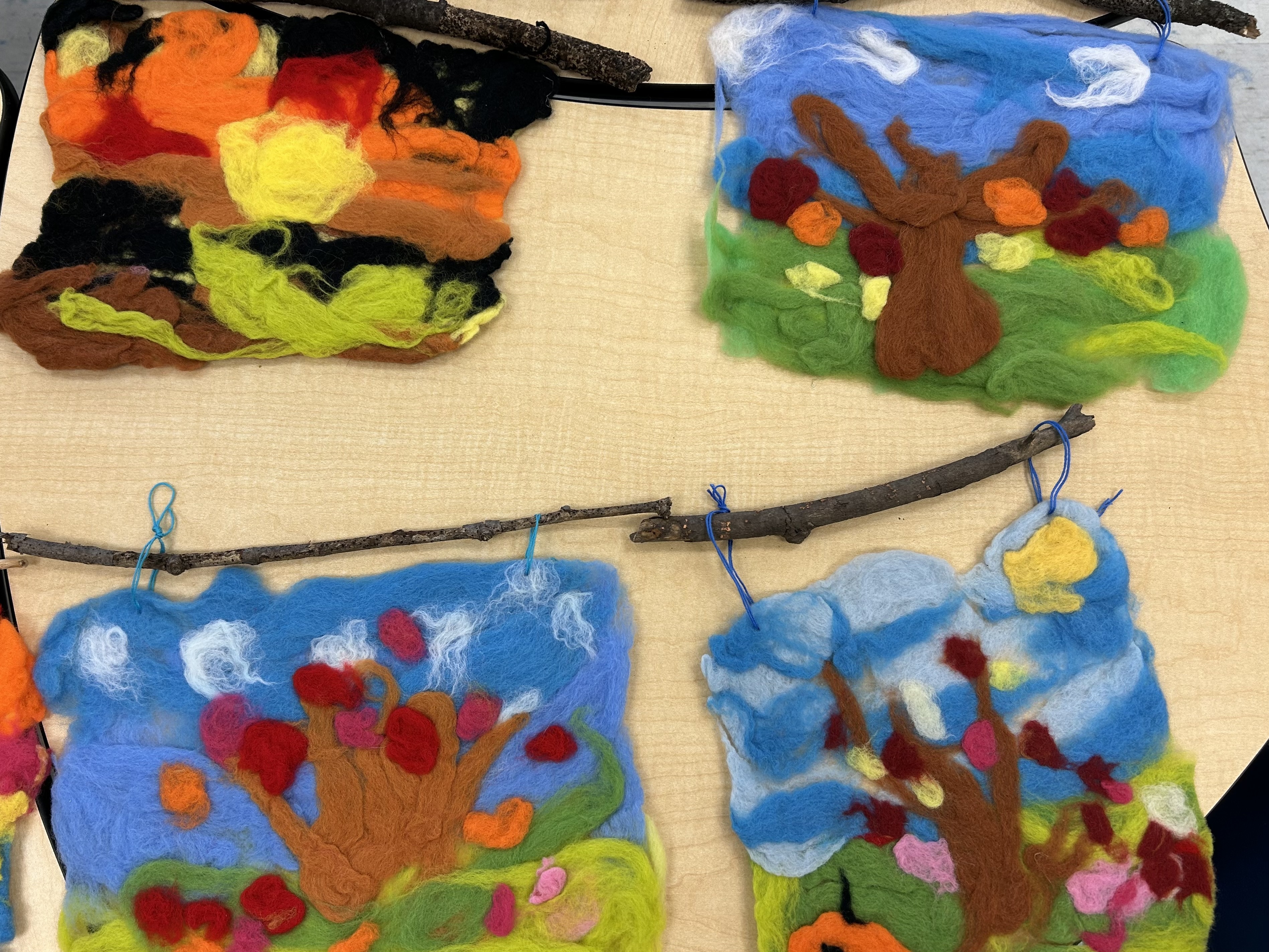 Hi Emma, I wanted to share the wet felting work my 6 and 7 year olds created.  My students are in Grade 1 at a K-12 school in Toronto.  Our annual Art Show is happening this week and the theme is Four Seasons.  Thanks for the tips — I think they turned out well, and the kids are 