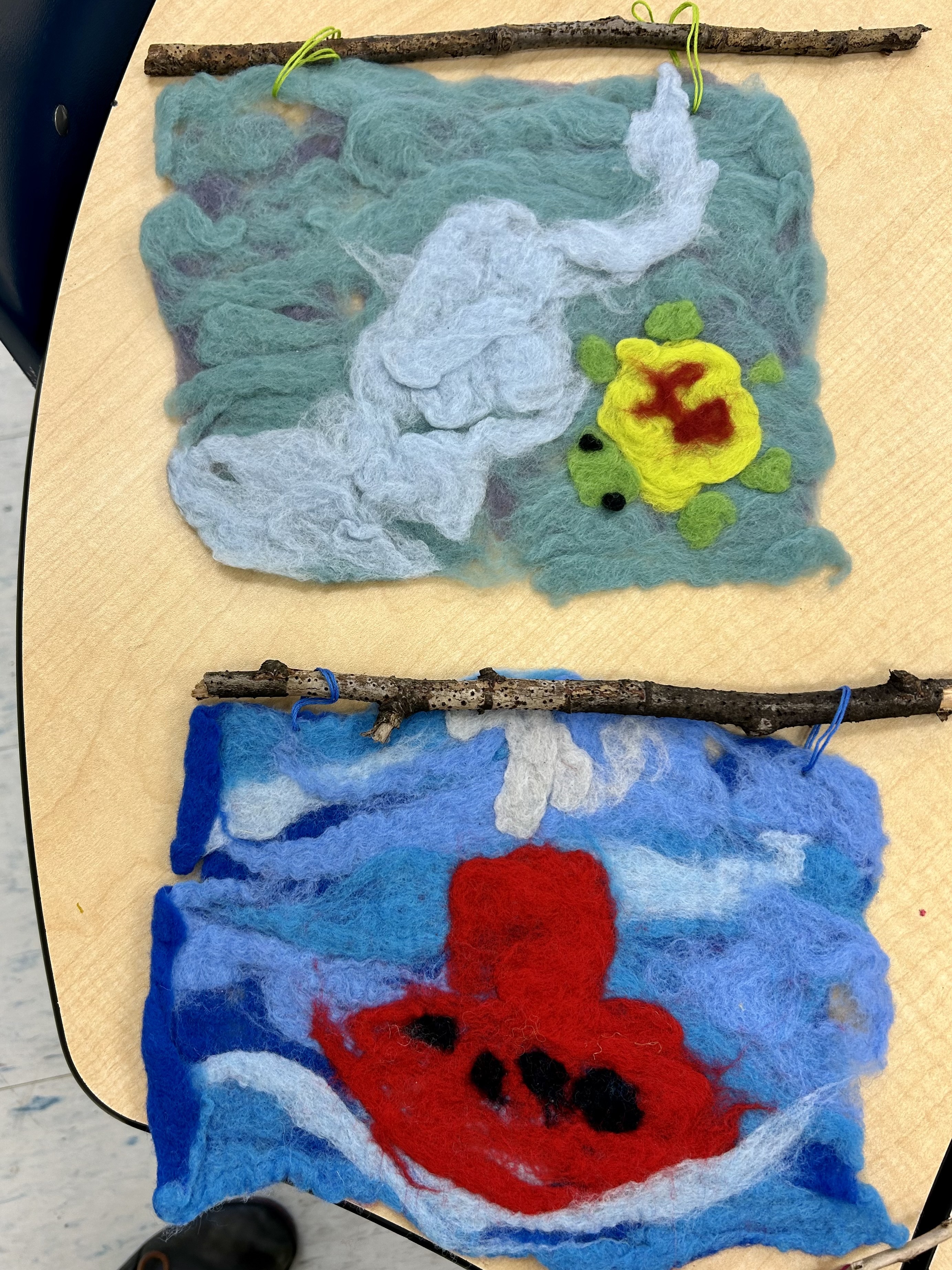 Hi Emma, I wanted to share the wet felting work my 6 and 7 year olds created.  My students are in Grade 1 at a K-12 school in Toronto.  Our annual Art Show is happening this week and the theme is Four Seasons.  Thanks for the tips — I think they turned out well, and the kids are 